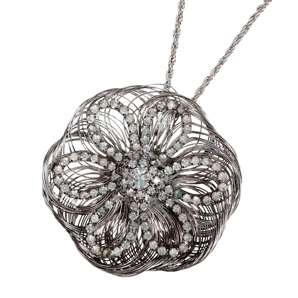 Large Wire Rhinestone Flower 2" Pendant Necklace, Extra Long 36" Chain